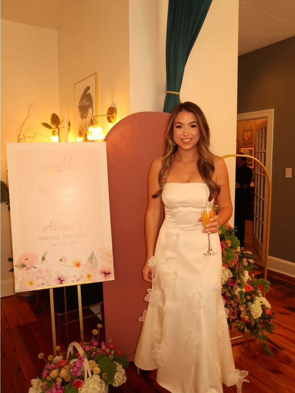 Strapless White Midi Dress with 3D Floral Appliqués